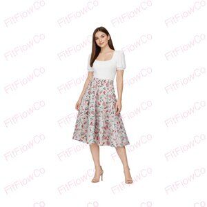 Floral Midi Skirt XL Romantic Watercolor Tulip Print Elastic Waist Fully Lined A
